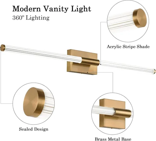 Vista 3 de Moderna luz LED de tocador, iluminación completa de 360° sobre el espejo, 32W 5500K blanco frío, aplique de pared cableado, 40 pulgadas, latón