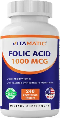 Vitamatic Ácido fólico 1000 mcg (1 mg) - Tabletas vegetarianas - 1667 mcg DFE - Vitamina B9 (240 unidades (paquete de 1))