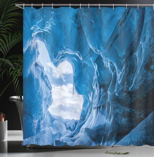 Vista 3 de Ambesonne Natural Cave Shower Curtain, Glacier Frozen Chilled Den in Iceland Natural Odd Forms Nordic Scandinavian Image, Cloth Fabric Bathroom