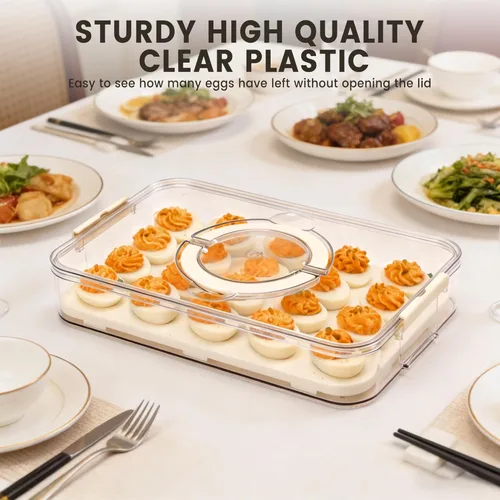 Vista 6 de Recipientes para huevos con tapa, bandeja de plástico para huevos con asa para 20 huevos, transparente, portátil, apilable, almacenamiento