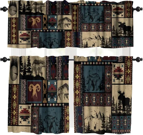 Vista 31 de Cenefa azteca navajo del suroeste, diseño geométrico abstracto étnico para ventana, cenefa con bolsillo para barra, 54 x 18 pulgadas