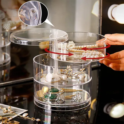 Vista 2 de Caja organizadora de joyas de 3 capas de acrílico transparente giratorio de 360 para cosméticos, soporte giratorio para collar, pulsera, anillo