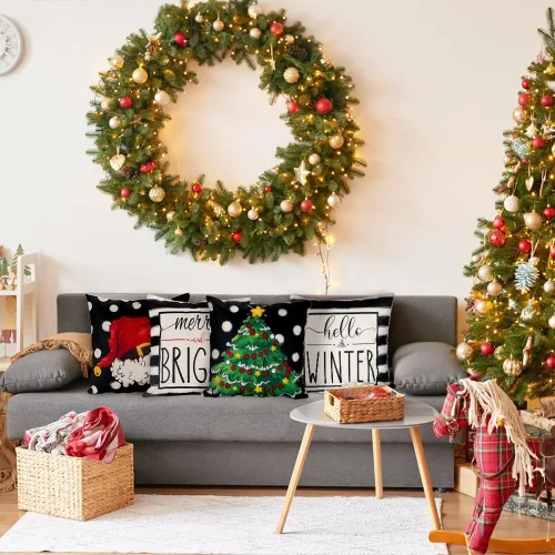 Vista 7 de DIYDEC - 4 fundas de almohada de Navidad de 18 x 18 pulgadas, fundas de almohada de invierno con diseño de árbol de Navidad, sombrero de árbol