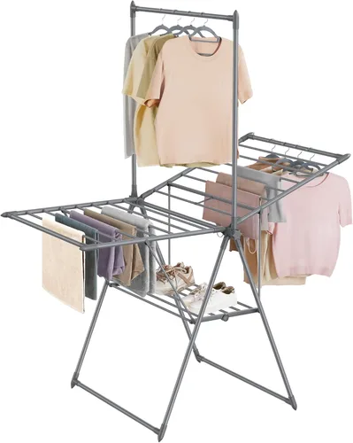 Vista 11 de SONGMICS ULLR052B01 - Tendedero de ropa con clips para calcetines, estante de lavandería de metal, plegable, ahorra espacio, tendedero