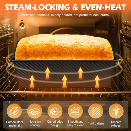 Vista 3 de Paquete de 2 moldes para pan con tapas – Capacidad de masa de 2.2 libras y 1 libra, moldes para pan de acero al carbono antiadherentes para pan