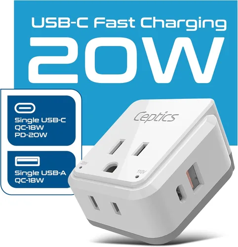 Vista 2 de Ceptics Chile, Roma, Italia Juego de adaptadores de enchufe de viaje, Chile adaptador de enchufe USB-USB-C 20W PD-QC 18W, 2 tomacorrientes