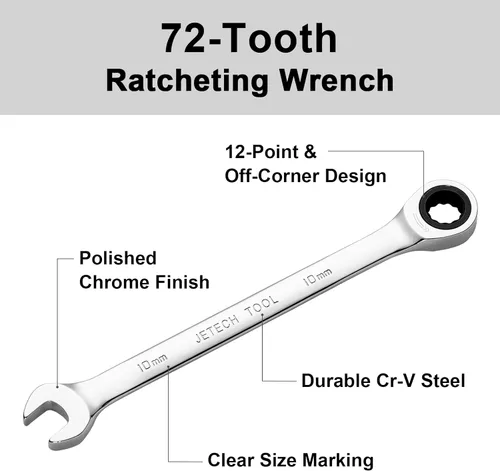 Vista 3 de Jetech - Llave combinada de trinquete de 10 mm, llave de carraca de grado industrial con trinquete de 12 puntas y 72 dientes, acero Cr-V forjado