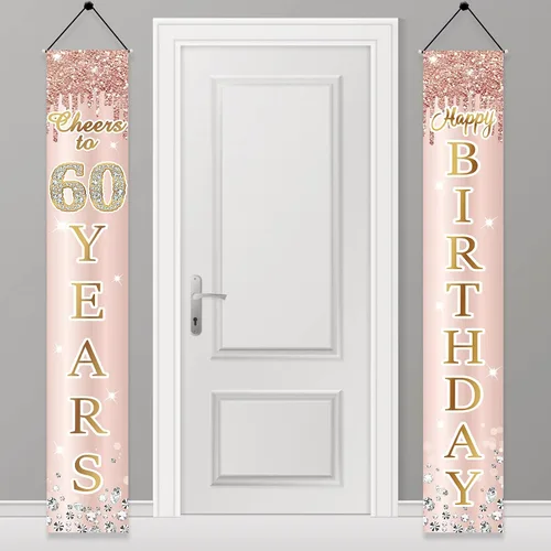Decoración de cumpleaños número 60 para mujer, cartel de puerta de oro rosa rosa con texto en inglés "Cheers to 60 Years Birthday", suministros de