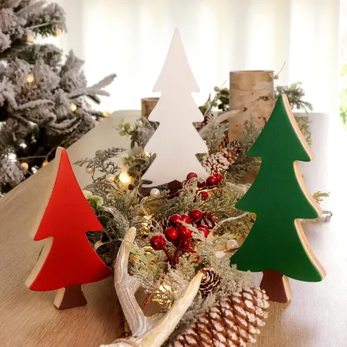 Vista 4 de Decoraciones de Navidad para interiores, 3 piezas de adornos de mesa de árbol de Navidad de madera para decoración de Navidad, decoración de mesa