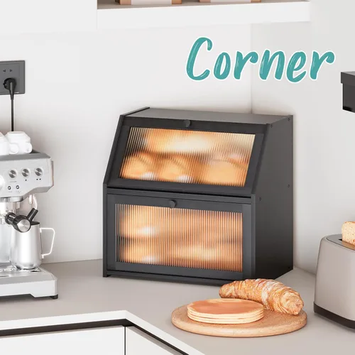 Vista 4 de Caja de pan extra grande negra para mostrador de cocina, caja de pan de bambú de doble capa grande, capacidad de almacenamiento de pan de madera