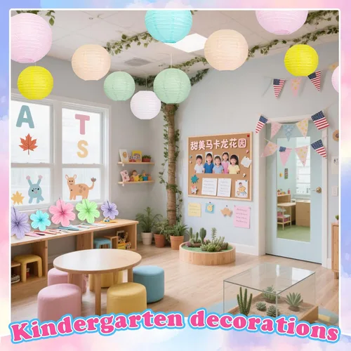 Vista 4 de Spring Hanging Decorations - 18Pcs Pastel Party Decorations Paper Lanterns & Flower Fans Set for Pastel Classroom Decor, Office, Baby Shower