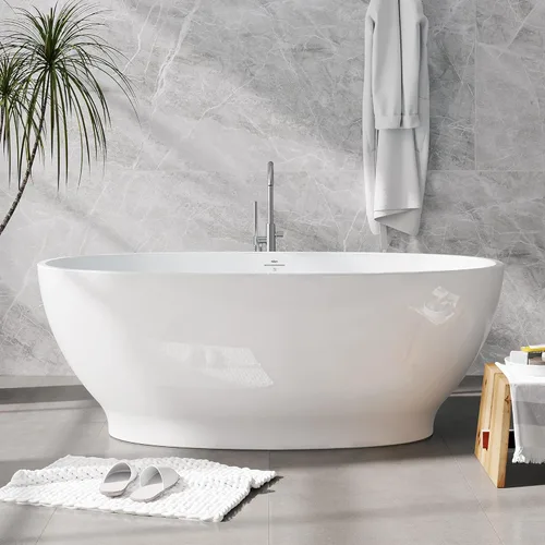 Vista 20 de FerdY Tahití - Bañera de acrílico independiente de 55 pulgadas, elegante bañera de remojo de forma ovalada, blanco brillante, drenaje dorado