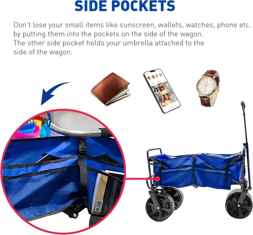 Vista 5 de Carro de playa plegable con ruedas de arena grandes, carrito plegable resistente con soporte para silla de playa pendiente de patente, ideal