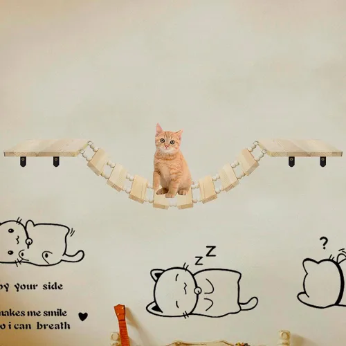 Vista 6 de Árbol trepador de madera hecho a mano para gatos con percha de montaje en pared, puente y escalera