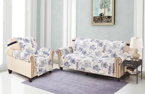 Vista 3 de Brilliant Sunshine Blue Toile Funda Acolchada con Quilted para Silla, 23 pulgadas de Ancho de Asiento, Protector de Muebles Antideslizante, Correa