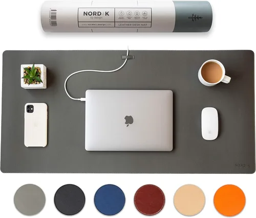 Nordik - Alfombrilla de Escritorio de Cuero con Organizador de Cables - Gris Alaska 35 X 17 pulgadas - Alfombrilla de Ratón Extendida Premium para