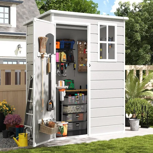 Vista 13 de Amopatio Cobertizo de almacenamiento para exteriores con piso, cobertizo de plástico con cerradura de 5 x 3 pies con ventilación, cobertizos
