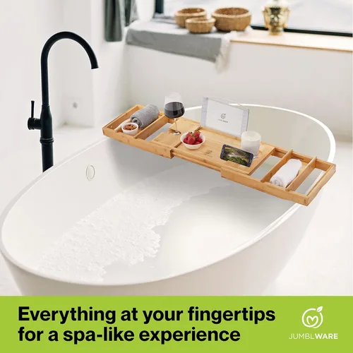 Vista 6 de Bandeja de baño de bambú. Bandeja de baño de lujo con asas, estante para libros, soporte para copas de vino, jabonera y ranuras para teléfono