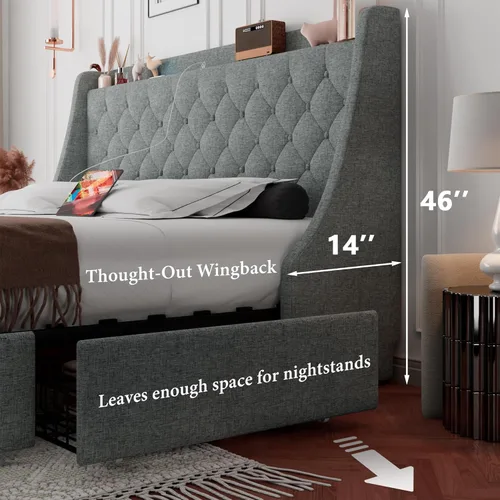 Vista 6 de iPormis Base de cama Queen con 4 cajones de almacenamiento, marco de cama tapizado con puertos tipo C y USB, cabecera de almacenamiento con respaldo