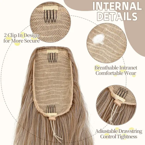 Vista 2 de Extensión de cola de caballo de 24 pulgadas de largo, rizado, ondulado, con cordón, extensiones de cabello sintético para mujer, uso diario, mezcla