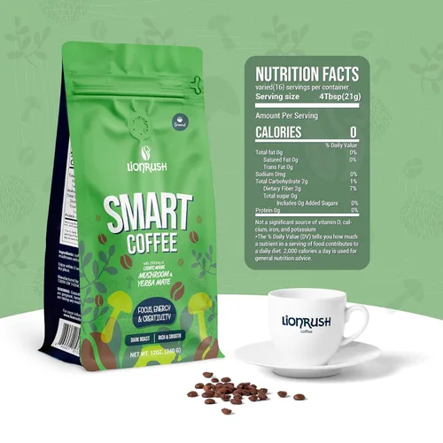 Vista 2 de Lionrush Smart Coffee – Tostado oscuro molido con yerba mate, melena de león y adaptógenos – Aumenta la concentración, la energía y la creatividad