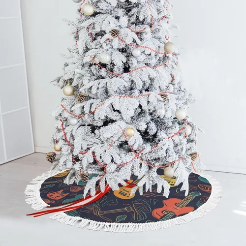 Vista 5 de Guitarra Pattern Christmas Tree Skirt with Tassels Winter Holiday Tree Mat Decoration Xmas Tree Skirts Christmas Ornament for Home Seasonal Decor