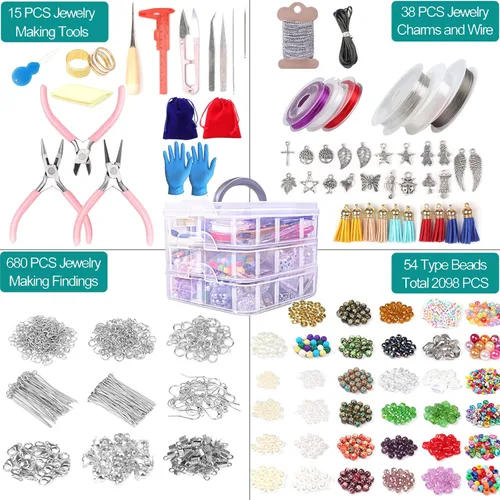Vista 2 de YUGDRUZY Kit de suministros para hacer joyas, 2831 piezas, kit de fabricación de pulseras, herramienta de reparación con alicates de joyería