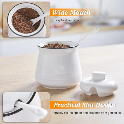 Vista 5 de Azucarera DAYYET con tapa y cuchara, azucarero de cerámica de 12 oz con cuchara, recipiente de azúcar para barra de café, tarro de azúcar con Blanco