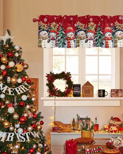Vista 3 de Cenefa de muñeco de nieve de Navidad para ventanas de cocina, cenefas de invierno con bolsillo para barra, cortinas cortas, copos de nieve, bayas