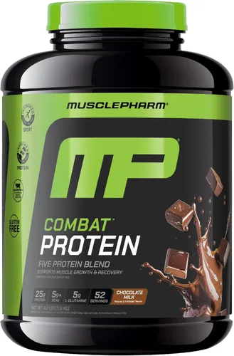 MusclePharm Proteína en polvo de combate, sabor a leche de chocolate, alimenta los músculos para entrenamientos productivos, 5 fuentes de proteínas,