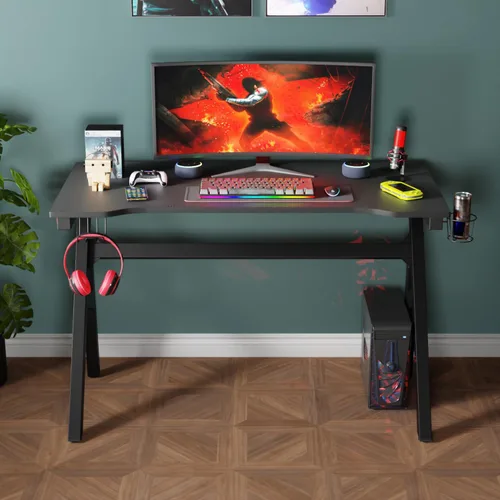 Vista 26 de PayLessHere Mesa de juego de 39 pulgadas Azul Escritorio para computadora en forma de Z con marco de acero, gancho para auriculares, pies