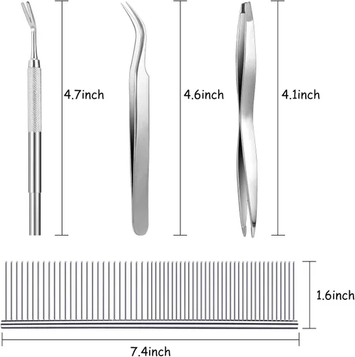 Vista 3 de Boao Kit de herramientas de eliminación de garrapatas de 7 piezas, incluye 3 removedores de plástico, 3 pinzas de acero inoxidable con peine