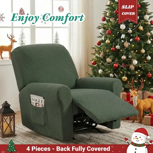 Vista 2 de YEMYHOM Funda elástica de 4 piezas para silla reclinable de jacquard con bolsillo lateral, antideslizante, ajustable, protector de muebles con parte
