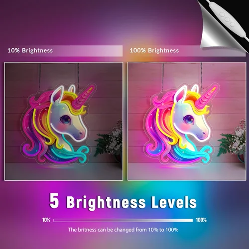 Vista 3 de Letrero de neón de unicornio, coloridos letreros de neón de unicornio para decoración de pared, luces de neón acrílicas regulables para habitación