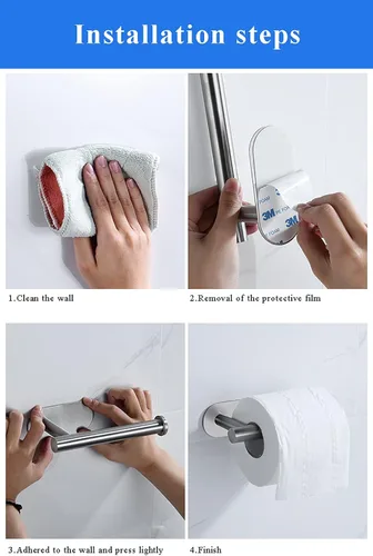 Vista 7 de Soporte de papel higiénico autoadhesivo - Soporte de papel higiénico de baño sin taladrar acero inoxidable cepillado (plateado)