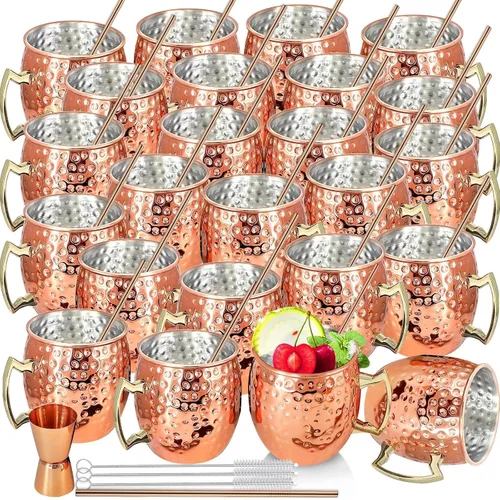 Vista 7 de Moscow Mule - Juego de 4 tazas de cobre chapadas de 18 onzas con asa, tazas grandes de acero inoxidable martillado con doble jigger de 0.5 onzas