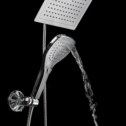 Vista 8 de DreamSpa - Combo de cabezal de ducha de lluvia/manual ultra-lujoso de 9 pulgadas. Conveniente botón pulsador de control de flujo para fácil Negro