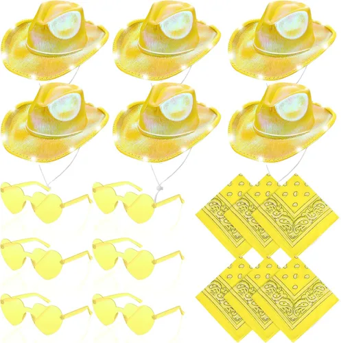 Unittype Paquete de 18 sombreros de vaquero, sombrero de vaquera para novia, sombrero LED de vaquero espacial con 6 gafas, 6 bandana para mujer,