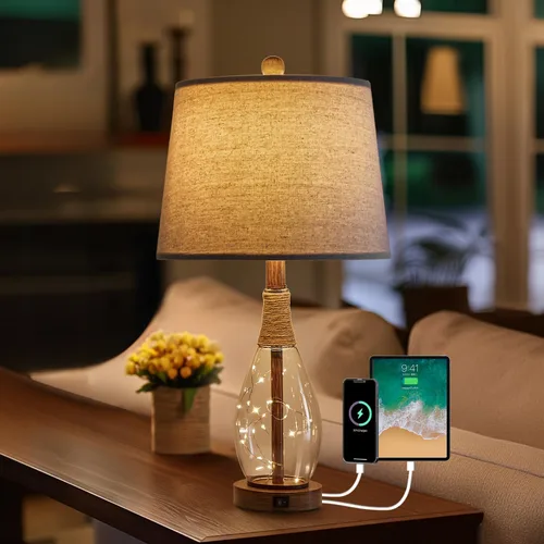 Vista 12 de OYEARS Lámpara de mesa USB A+C de 23 pulgadas para dormitorio, sala de estar, lámparas de noche modernas retro de casa de campo de ratán de cristal