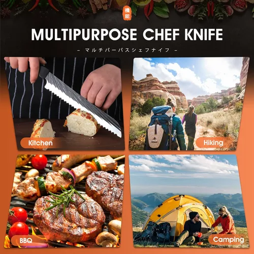 Vista 8 de ROCOCO Cuchillo afilado para pan dentado, cortador de pan, cuchillo cortador de carne, cuchillo para el hogar, cocina, 7.4 pulgadas, cumpleaños