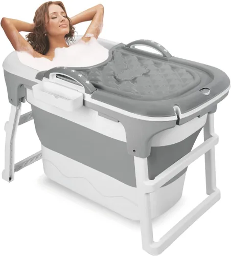Bañera portátil de 40 pulgadas, bañera plegable para adultos, bañera de inmersión profunda con cesta de almacenamiento y cubierta aislada, ideal Gris