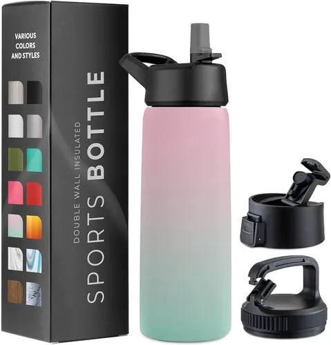 Vista 14 de Botellas de agua de acero inoxidable con triple aislamiento con pajilla, botellas de agua reutilizables aisladas de 25 onzas con 3 tapas, botella