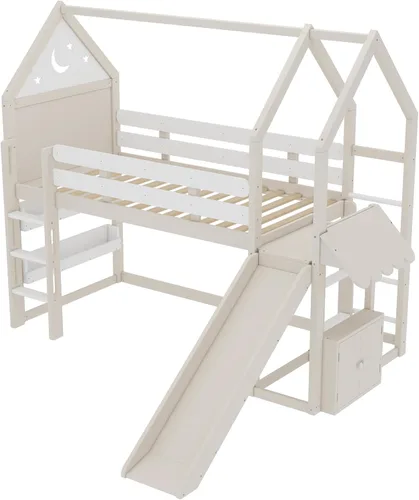 Vista 85 de Cama de casa de tamaño individual con elegantes ventanas y estantería, litera con diseño de castillo de madera con barandillas de seguridad