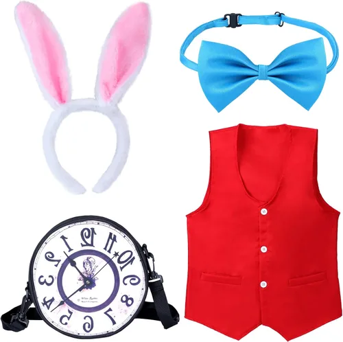 Vista 8 de Keymall Kit de accesorios de disfraz de conejo blanco de Pascua para niños, 4 piezas, diadema de conejo, chaleco, corbatín, accesorios para Pascua
