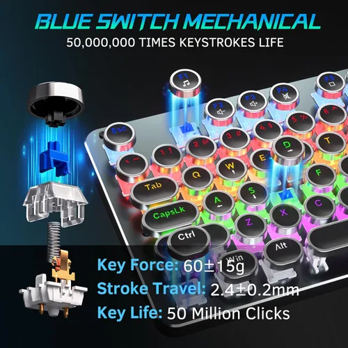 Vista 2 de Teclado mecánico y mouse para juegos de máquina de escribir, panel de metal retro con tecla redonda interruptor azul, retroiluminación RGB de 104