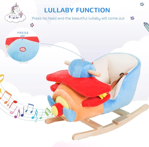 Vista 3 de Qaba Caballo mecedor para niños, silla de avión de felpa de madera con canción de cuna y cinturón de seguridad durante 18 meses +