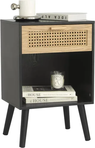 MaxSmeo Mesita de noche moderna de mediados de siglo, mesa auxiliar de ratán con cajón para mesita de noche, sala de estar, dormitorio y espacios