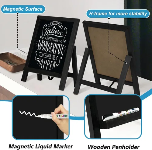 Vista 4 de 4 THOUGHT Letreros pequeños de pizarra de mesa, 9.5 x 14 pulgadas, mini pizarra magnética con soporte para alimentos, marco de madera, caballete