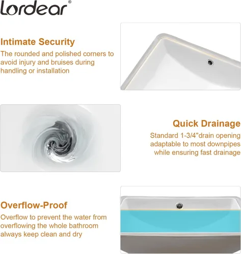 Vista 5 de Lordear Fregadero rectangular de baño rectangular de 21 x 14 pulgadas, fregaderos de baño rectangulares blancos de porcelana blanca de cerámica