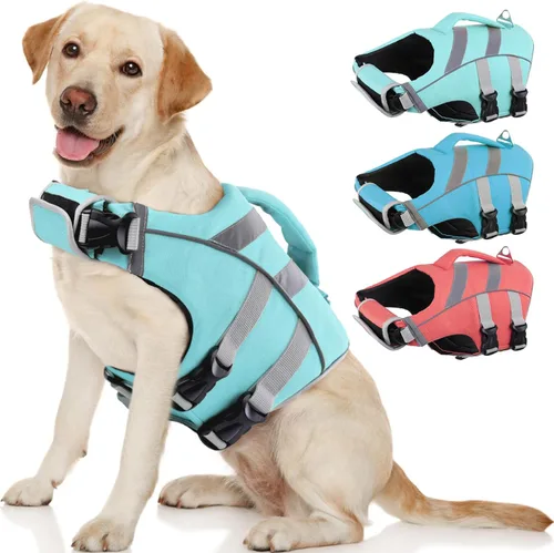 Vista 22 de Kuoser - Chaleco salvavidas para perros con tiras reflectantes - Chaleco ajustable de alta visibilidad, salvavidas de ripstop, preservador